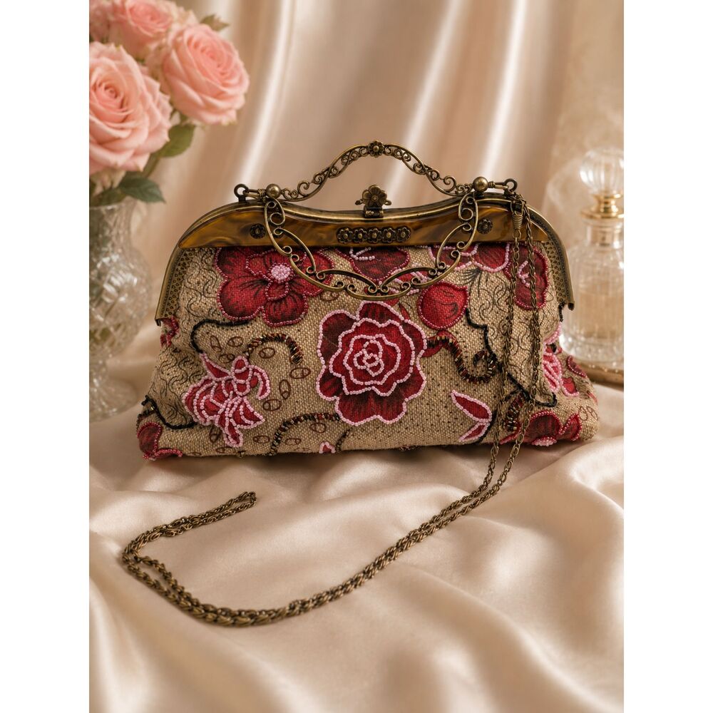 Vintage Floral Beaded Purse Faux Tortoiseshell Frame Evening Handbag Romantic